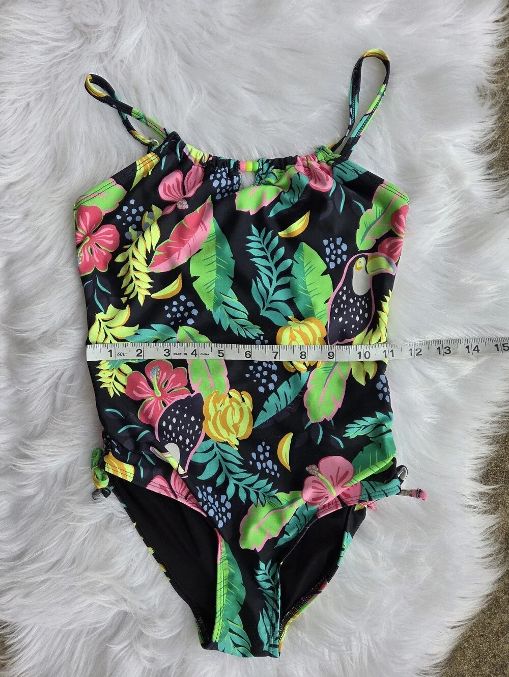 Old Navy - Kids Bead-Cutout One-Piece Swimsuit - Black with Neon Prints - Size